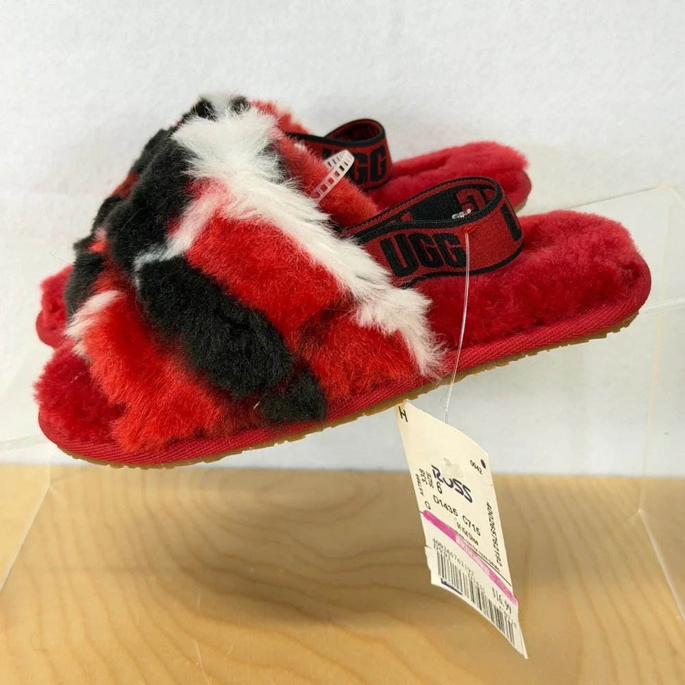 UGG‎ Kids Fluffy Slides Red Black White Buffalo Plaid Fuzzy Slippers Size 10